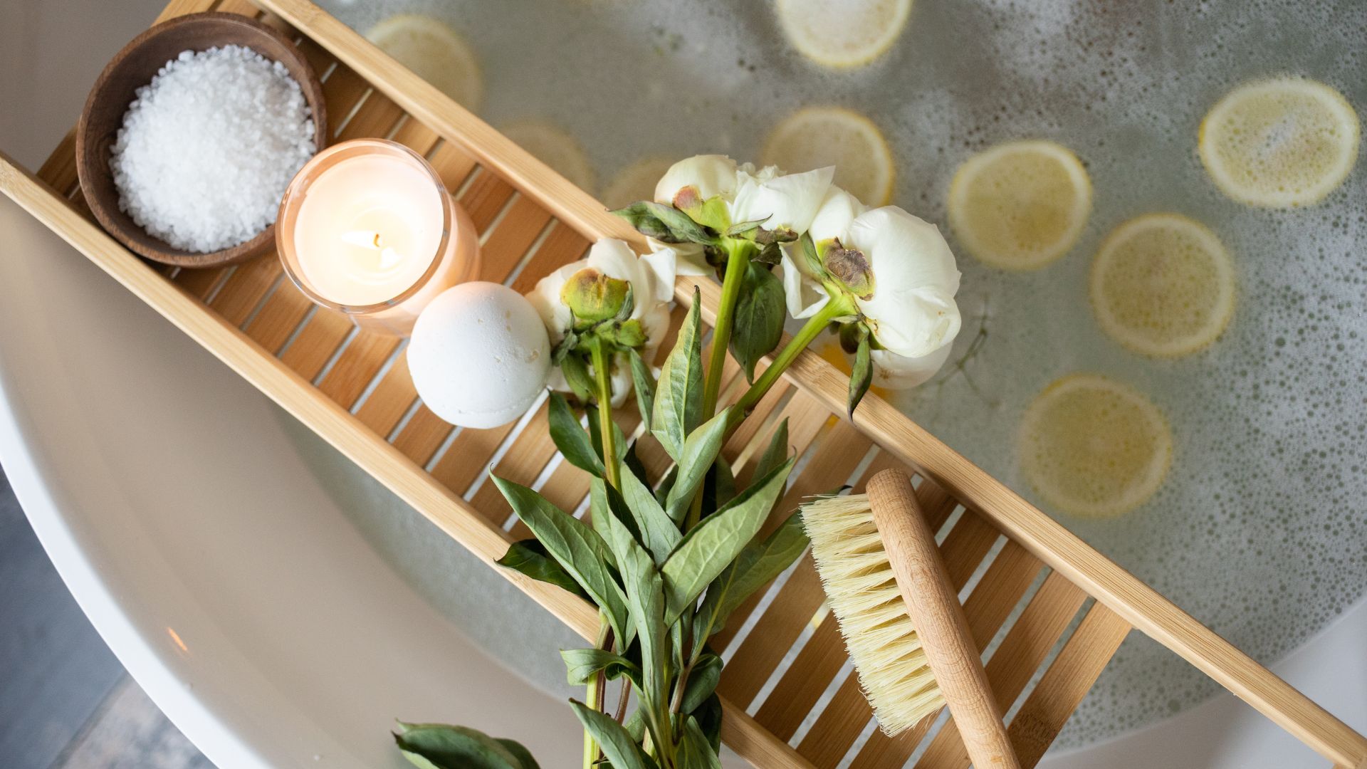 Tray with bath bomb on tub