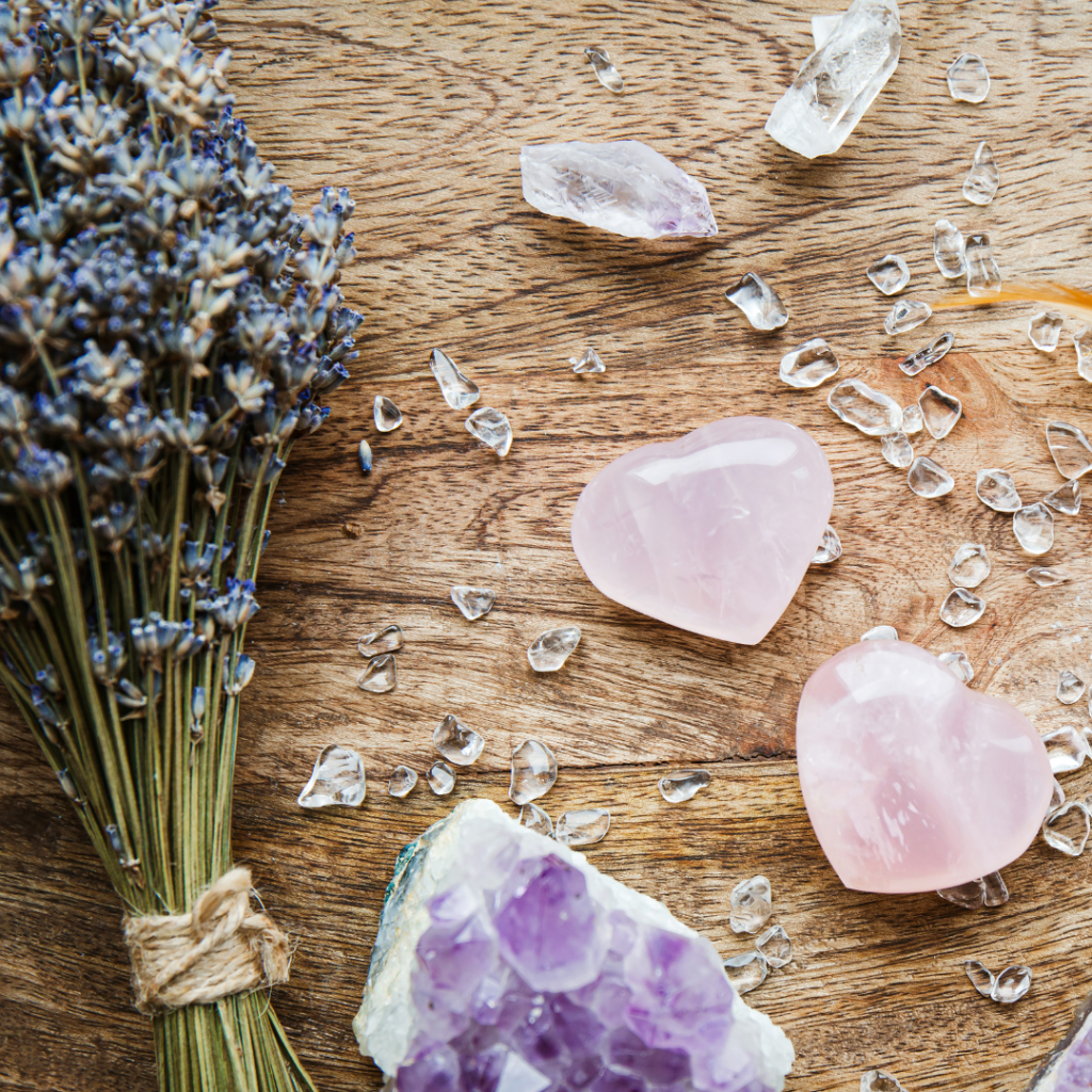 Rose quartz crystals on tray at home, Attract love, healing