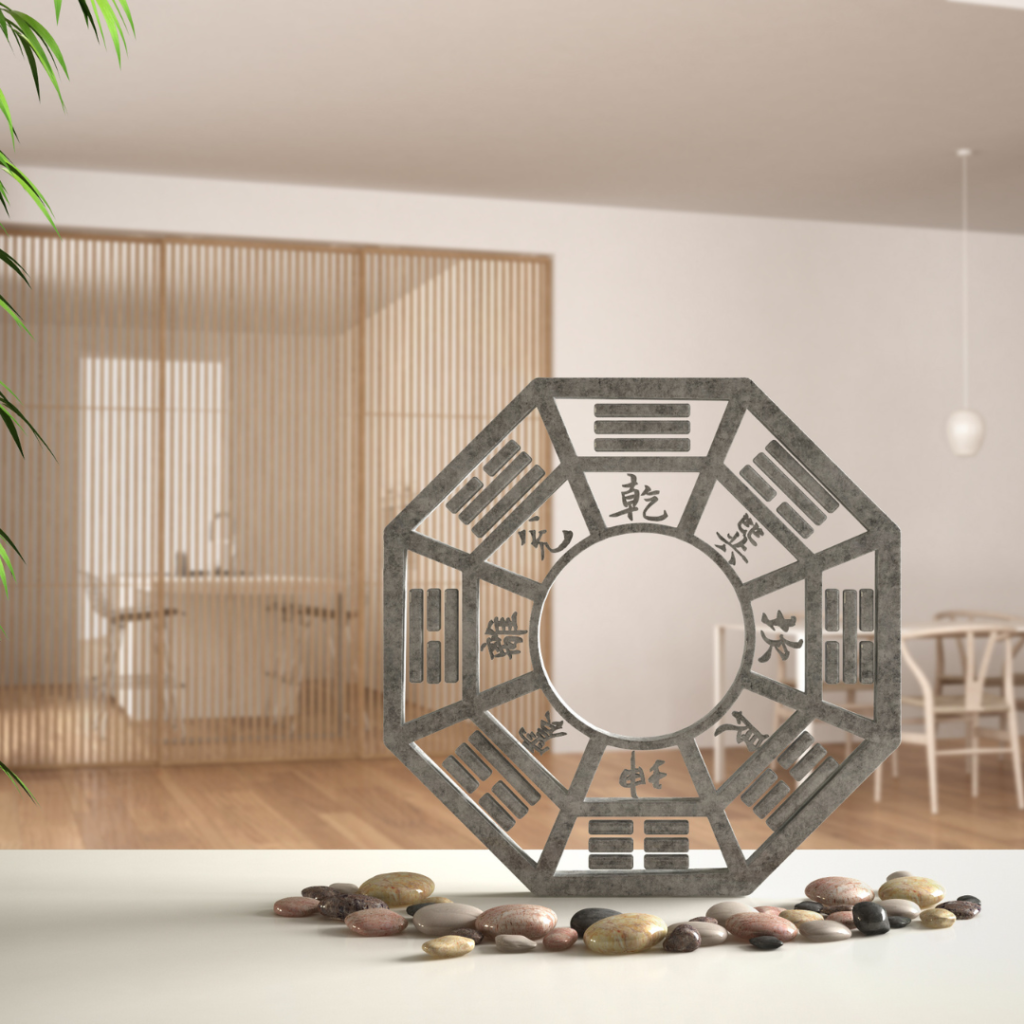 White table shelf with ba gua, pebble stone and bamboo plants, minimalist white and wooden living room with dining table, zen concept interior design, feng shui template idea background