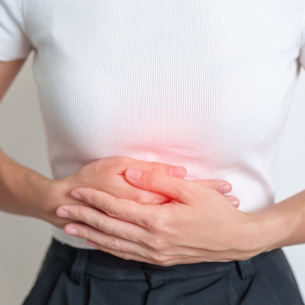 Woman having Stomach pain. Ovarian and Cervical cancer, Cervix disorder, Endometriosis, Hysterectomy, Uterine fibroids, Reproductive system, menstruation, diarrhea, digestive system and Pregnancy