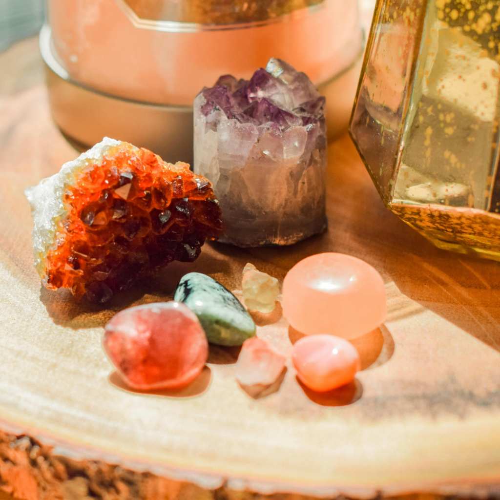 a wooden table topped with different types of rocks